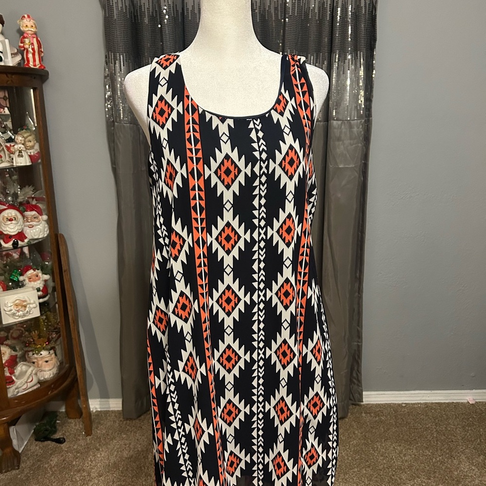 Yahada Black and Orange Geometric Midi Dress